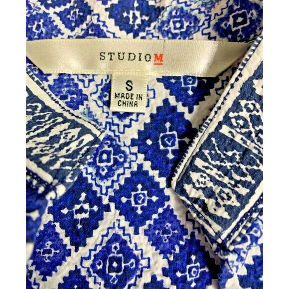 Studio M S Blue Geometric Print Split Neckline Mandarin Collar Sleeveless Dress - Picture 6 of 6